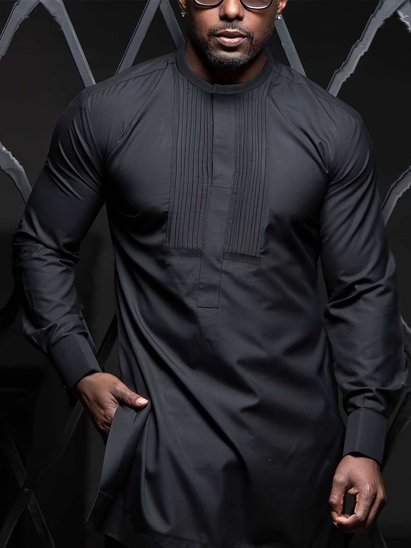 African Dashiki Men'S Suit, Long-Sleeved Top, Round Neck, Pleats, Concealed Buttons, Slit Hem, Elastic Pants, African Clothing, Men'S Casual Shirt And Trousers 2-Piece Suit, New Style For All Seasons, Street Style, Party, Wed